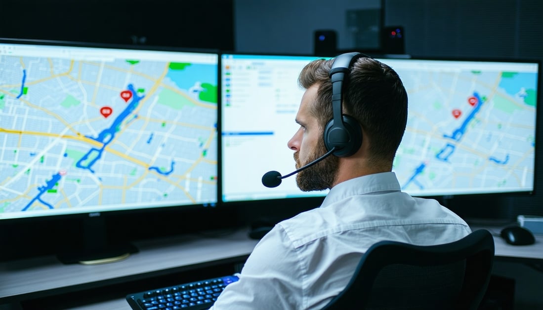 emergency call center agent looking at screens with local area maps