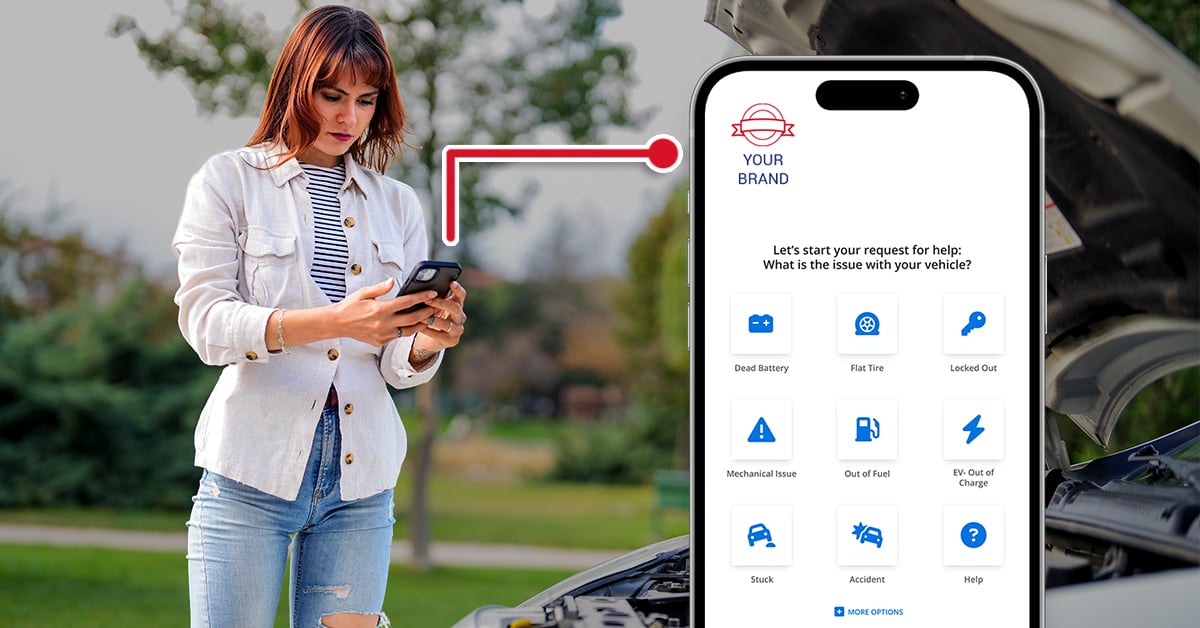image of a woman on her phone with a screen grab of the public mobile web experience, showing how easy roadside intake is